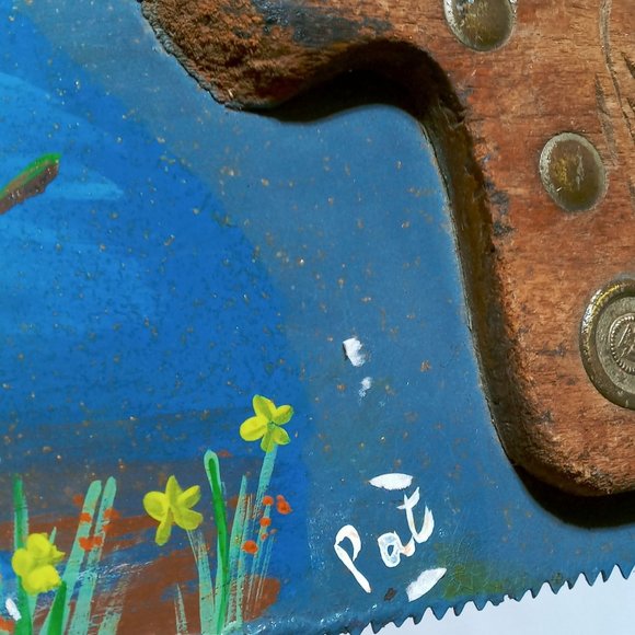 Primitive English Pointer Bird Dog Painting Rustic Hand Saw Vintage Flower OOAK - Picture 7 of 16